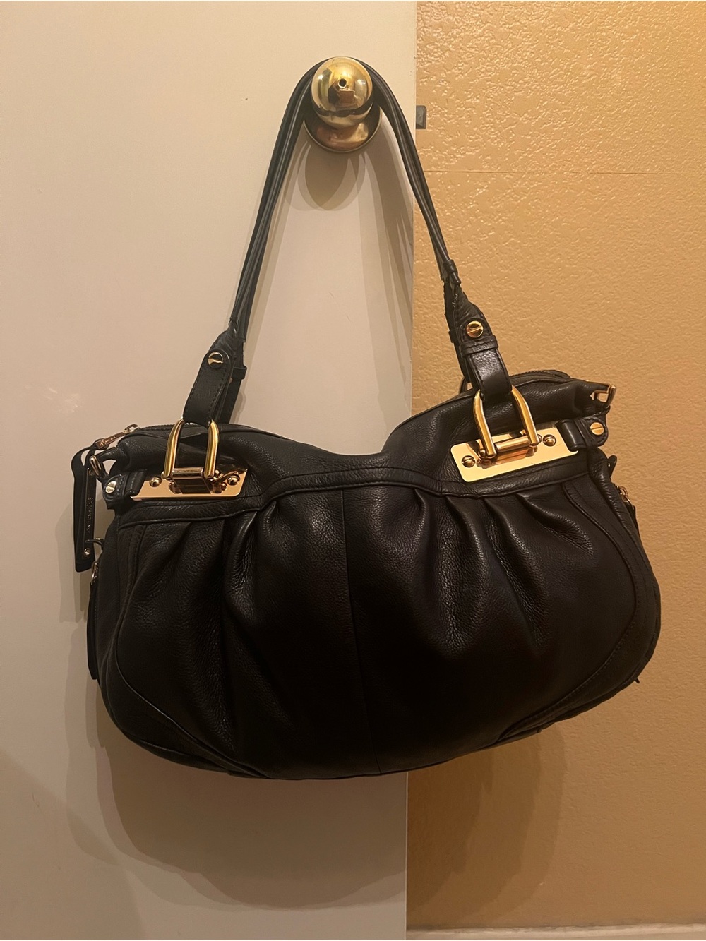 b. makowsky Black Leather Shoulder Bag with Gold Hardware